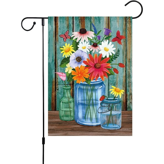 VOCHIC Spring Floral Garden Flag 12x18 Double Sided, Burlap Small Vertical Spring Summer Vase Flower Garden Yard Flags for Seasonal Outdoor House Decoration (ONLY FLAG)