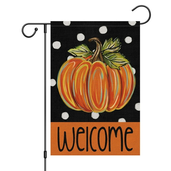 VOCHIC Welcome Fall Garden Flag Pumpkin Double Sided Outdoor Yard Flag 12x18 Inch Small Burlap Thanksgiving Home Autumn Outside Outdoor House Decoration (Only Flag)