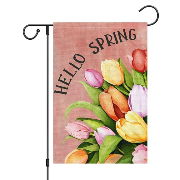 VOCHIC Welcome Spring Garden Flag 12x18 Double Sided Vertical, Burlap Small Tulip Flower Garden Yard House Flags Outside Outdoor House Hello Spring Summer Decoration (ONLY FLAG)