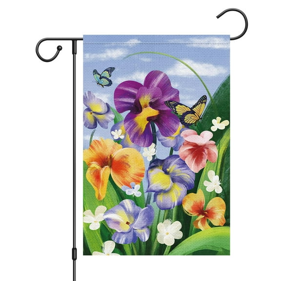 VOCHIC Welcome Spring Summer Garden Flag 12x18 Double Sided, Burlap Small Iris Floral Garden Yard House Flags Outside Outdoor Seasonal Porch Lawn Decoration (ONLY FLAG)