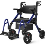 VOCIC Blue Rollator Transport Chair, 4-Wheel, with Seat & Locking Brakes, 300 lb Limit