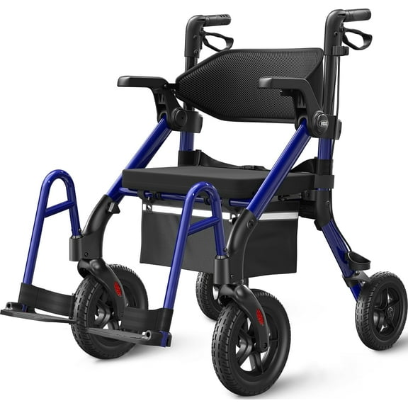 VOCIC Blue Rollator Transport Chair, 4-Wheel, with Seat & Locking Brakes, 300 lb Limit