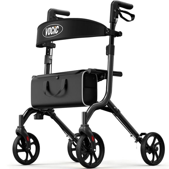 VOCIC Lightweight Rollator Walker with Seat for Seniors, 8" All-Terrain Wheels, 300 lbs Capacity, Aluminum, Black