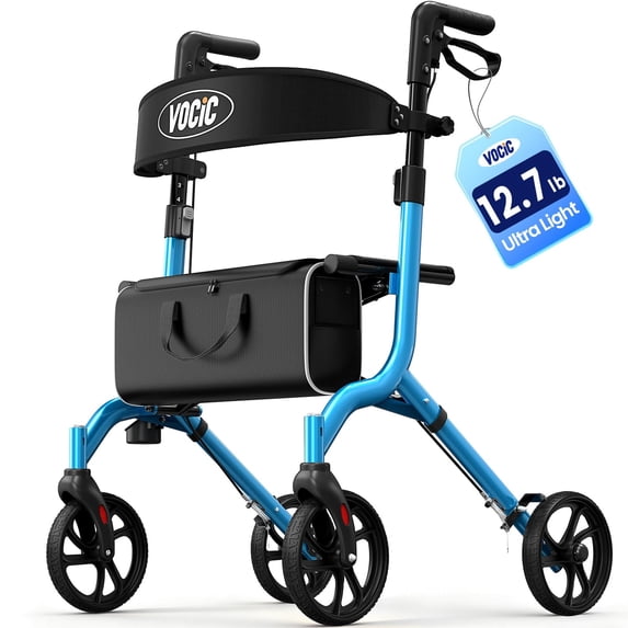 VOCIC Lightweight Rollator Walker with Seat for Seniors, 8" All-Terrain Wheels, 300 lbs Capacity, Aluminum, Blue