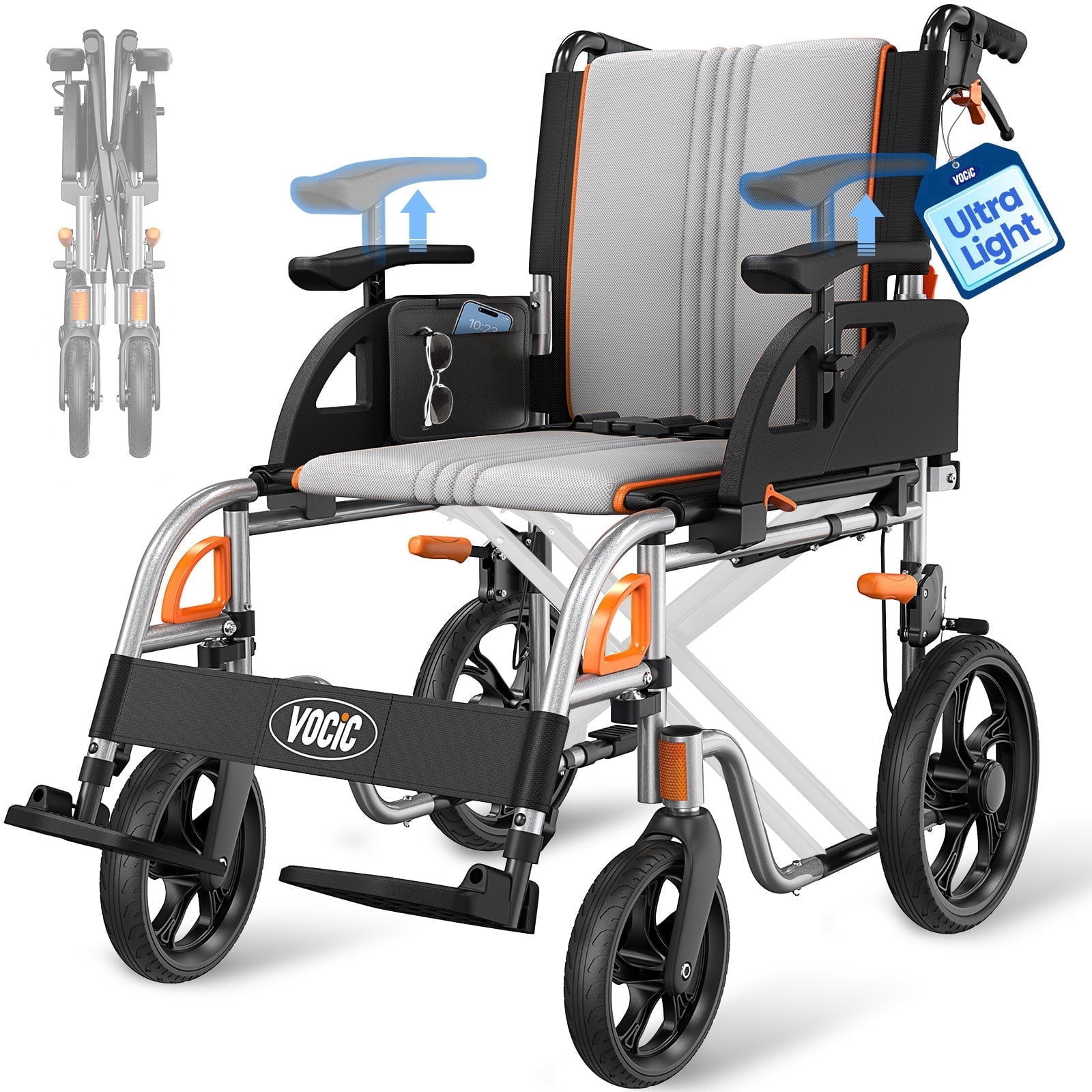 VOCIC Lightweight Foldable Transport Wheelchair with Handbrakes
