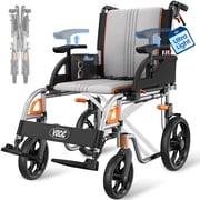 VOCIC Lightweight Foldable Transport Wheelchair with Handbrakes, Flip-Back Arms, 12-inch Rear Wheels, 300 lbs Capacity, Gray