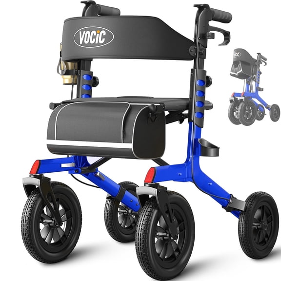 VOCIC Rollator Walker Z57 Outdoor with 12" All Terrain Wheels, 7-Level Height Adjustment, Safety Brakes, Storage Bag, Cup Holder-Blue
