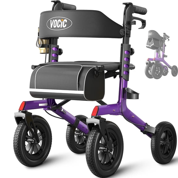 VOCIC Rollator Walker Z57 Outdoor with 12" All Terrain Wheels, 7-Level Height Adjustment, Safety Brakes, Storage Bag, Cup Holder-Purple