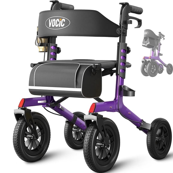 VOCIC Rollator Walker Z57 Outdoor with 12" All Terrain Wheels, 7-Level Height Adjustment, Safety Brakes, Storage Bag, Cup Holder-Purple