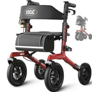 VOCIC Rollator Walker Z57 Outdoor with 12" All Terrain Wheels, 7-Level Height Adjustment, Safety Brakes, Storage Bag, Cup Holder-Red