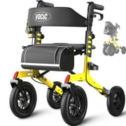 VOCIC Rollator Walker Z57 Outdoor with 12" All Terrain Wheels, 7-Level Height Adjustment, Safety Brakes, Storage Bag, Cup Holder-Yellow