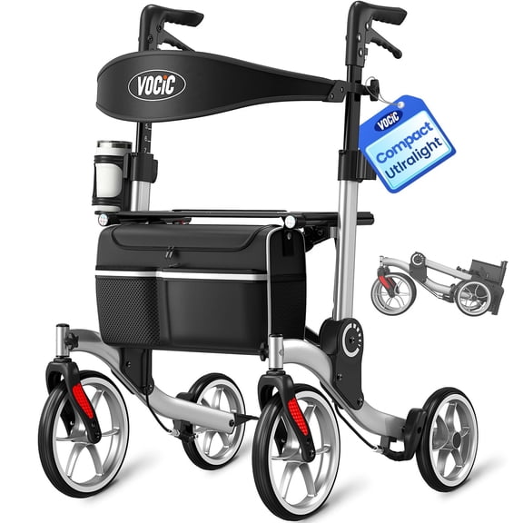 VOCIC Ultra-Compact Rollator Walker for Seniors with Seat, 9.5" Wheels, 300 lbs Capacity, Aluminum, Silver