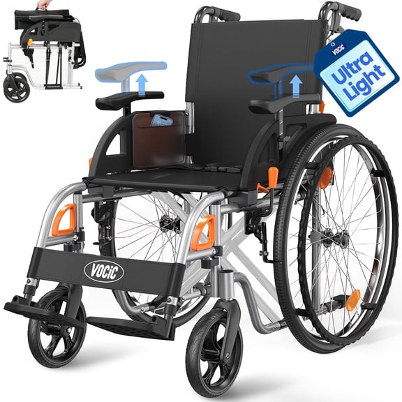 VOCIC Ultra Lightweight Wheelchair for Adults, 23lb Portable Foldable Frame, Self-Propelled Wheelchairs for Seniors with Quick Release Wheels, Swing-Away Footrests, 300 lbs Capacity, Black