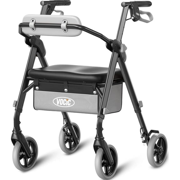 VOCIC Rollator Walker with Seat, Lightweight Foldable All-Terrain Wheels, Black, 380lb Limit
