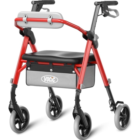 VOCIC Z11 Lightweight Foldable All-Terrain Wheels Rollator Walker with Seat, Red, 380lb Limit