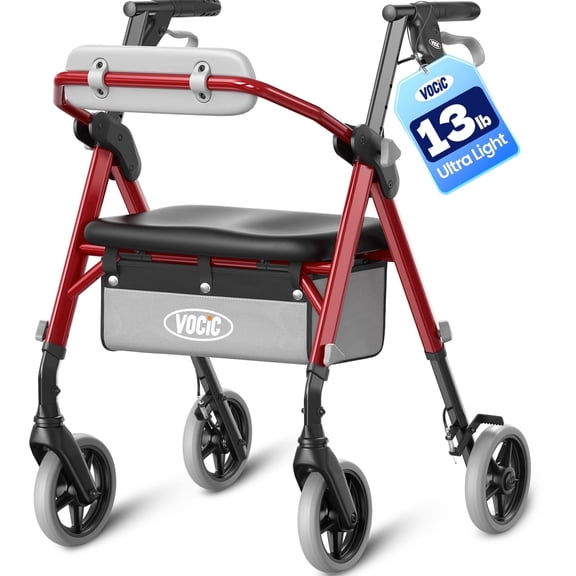 VOCIC Z12 Foldable Rollator Walker for Seniors & Adults - Ultra Light, Adjustable Height with Ergo Seat & Backrest-Red