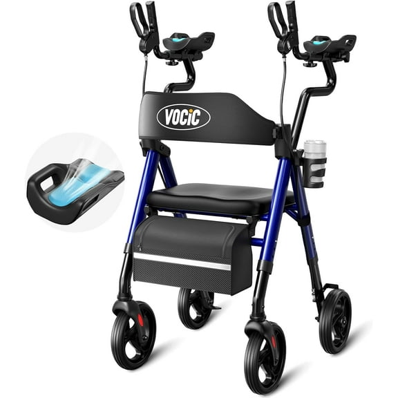 VOCIC Z22 Upright Rollator Walker with Adjustable Armrests & GelCool Seat, 300lb Capacity, 8" All-Terrain Wheels, Cup/Cane Holder-Blue