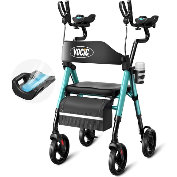 VOCIC Z22 Upright Rollator Walker with Adjustable Armrests & GelCool Seat, 300lb Capacity, 8" All-Terrain Wheels, Cup/Cane Holder-Green