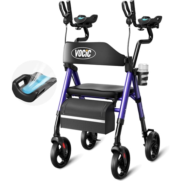 VOCIC Z22 Upright Rollator Walker with Adjustable Armrests & GelCool Seat, 300lb Capacity, 8" All-Terrain Wheels, Cup/Cane Holder-Purple