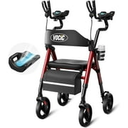 VOCIC Z22 Upright Rollator Walker with Adjustable Armrests & GelCool Seat, 300lb Capacity, 8" All-Terrain Wheels, Cup/Cane Holder-Red