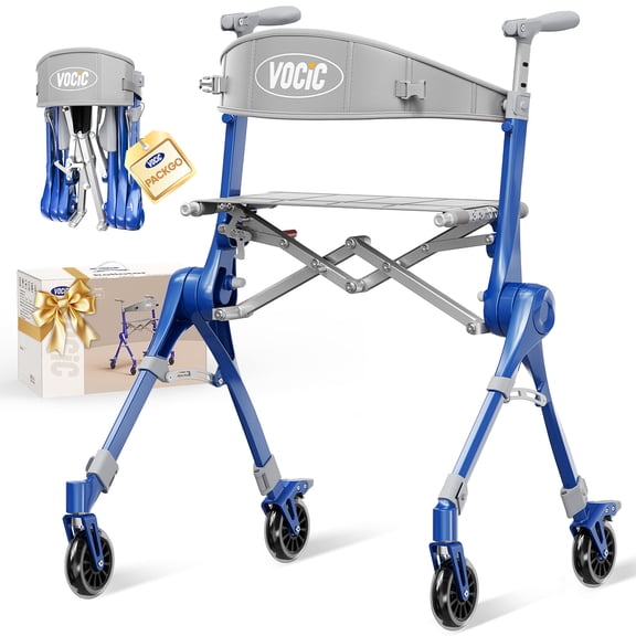 VOCIC Z35 Walkers for Seniors, Lightweight Packgo Rollator, 12 Lbs, Travel, Portable Rollator Walker with Seat, 300 Lbs, Blue