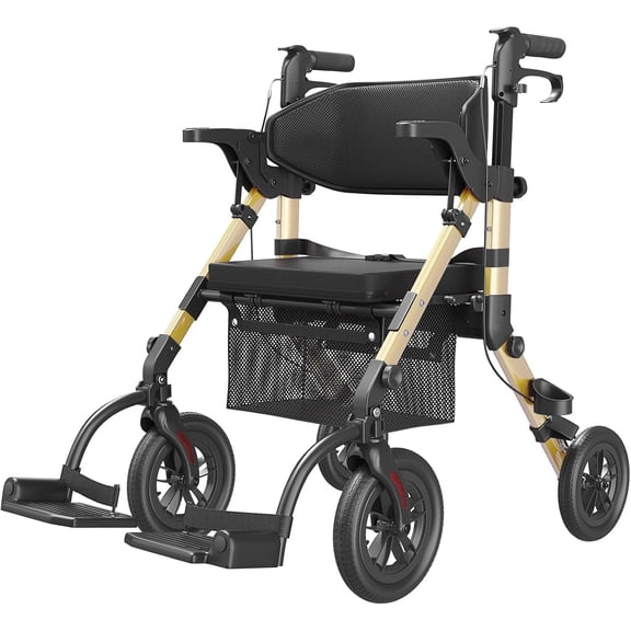 VOCIC Z51 Foldable 4-Wheel Rollator with Seat, Transport Chair & Dual Brakes, Champagne, 300 lb Limit