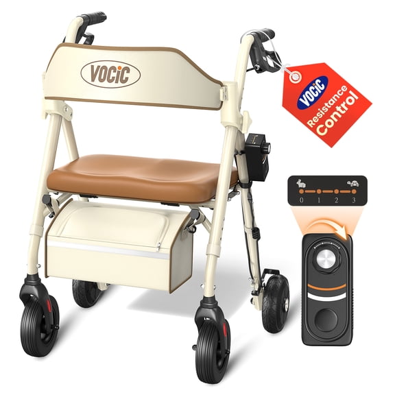 VOCIC Z63 Rollator Walker with Seat, 4-Level Resistance & Damping for Seniors