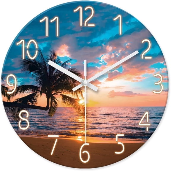 VOCOO 12-inch Beach Coastal Round Wall Clock - Silent Non-Ticking Quartz,Decorative Glass Wall Clock,Battery Operated
