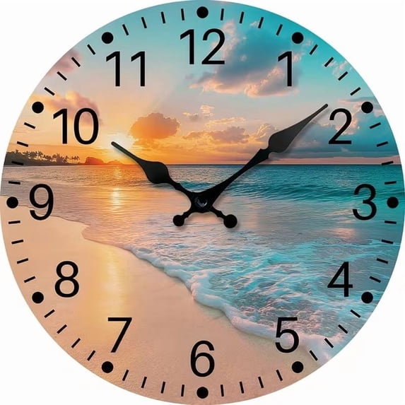 VOCOO 10-Inch Beach Sunset Wall Clock, Silent Non-Ticking Wooden Round Clock, Battery Operated Decorative Analog Clock for Living Room Bedroom Kitchen Bathroom