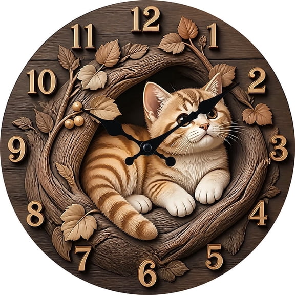 VOCOO 10 Inch Cat Wall Clock – Silent Non-Ticking MDF Wood-Look Clock with Faux 3D Kitten Design, Rustic Farmhouse Decor for Living Room, Bedroom, Office