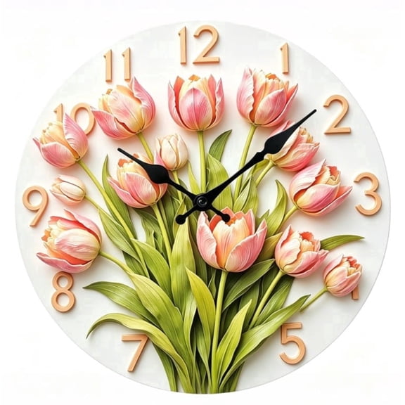 VOCOO 10" Wooden Tulip Pseudo 3D Wall Clock, Silent Sweep Quartz Movement, Easy to Install, Art Decorative Clocks