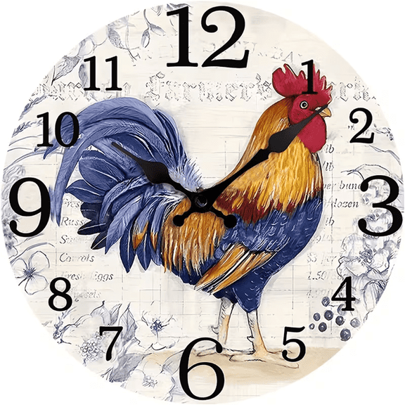 VOCOO 10" Round Wooden Rooster Wall Clock, Silent Non-Ticking Rustic Farmhouse Clock for Kitchen, Home, Office