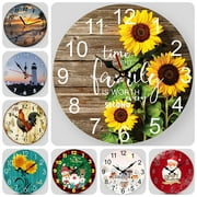 VOCOO 10'' Sunflower Round Wall Clocks, Wooden Silent Non Ticking Industrial Analog Clock for Kitchen Home Office Bedrooms Decor, Battery Operated Kitchen Clock(with Hook)