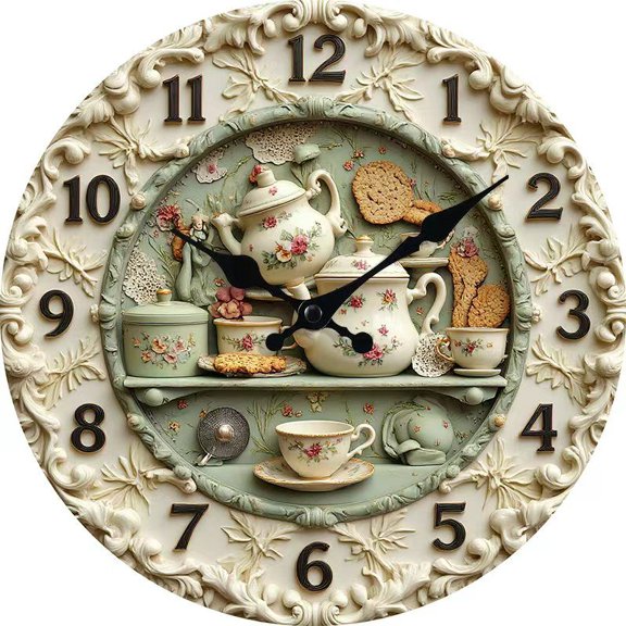 VOCOO 10-inch Silent Non-Ticking Wall Clock, Vintage Tea Party Pseudo-3D Decorative Wooden Clock for Kitchen Living Room Office Bedroom