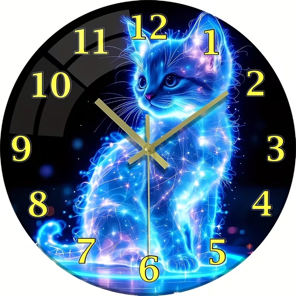 VOCOO 12 Inch NeonCat Glass Wall Clock, Non-Ticking, Battery Operated,Silent Quartz Easy-to-Read for Home, Office, Kitchen Decor
