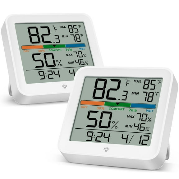 VOCOO 2 Pack Indoor Thermometer Room Temperature Home Hygrometer Humidity Gauge, Accurate with Calibration, Backlight, Air Comfort Indicator, 24H Max Min Records, Time, Date(AAA Batteries Included)