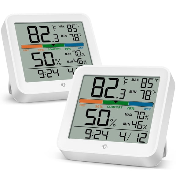 VOCOO 2 Pack Indoor Thermometer Room Temperature Home Hygrometer Humidity Gauge, Accurate with Calibration, Backlight, Air Comfort Indicator, 24H Max Min Records, Time, Date