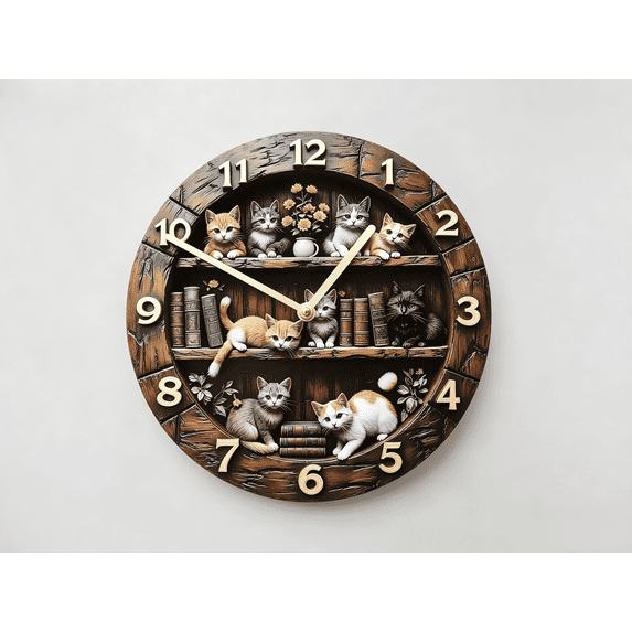 VOCOO 2D Cat Print Round Wall Clock, Silent Non-Ticking Wooden Clock 10 inch, Decor for Bedroom, Kitchen, Office School, Battery Operated