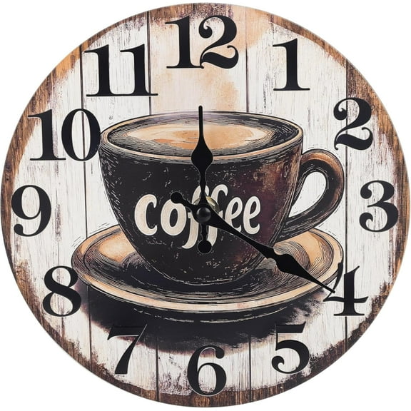 VOCOO 8'' Coffee Round Wall Clocks, Wooden Silent Non Ticking Industrial Analog Clock for Kitchen Home Office Bedrooms (with Hook)