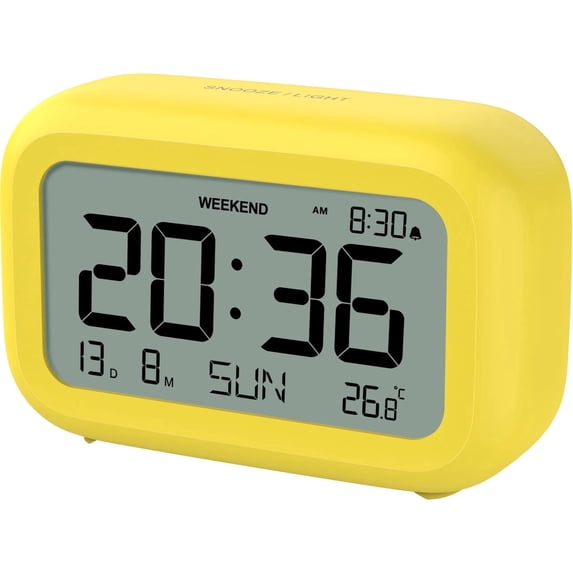 VOCOO Portable LCD Alarm Clock,Black Digital Clock with Temperature Monitor,Adjustable Volume, Snooze, Weekend Mode, for Bedroom Office Travel(Battery Included) - Yellow