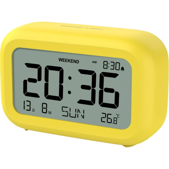 VOCOO Digital Alarm Clock with Date & Temperature, 3.5'' LCD Display, Battery Operated, Yellow, Desk/Bedside Use