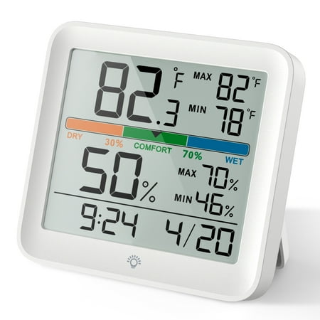 VOCOO Digital Indoor Thermometer Hygrometer, Accurate with Calibration, Backlight, Air Comfort Indicator, 24H Max Min Records, Time, Date (AAA Batteries Included)
