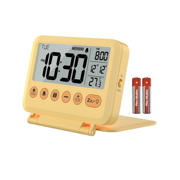 VOCOO Digital Alarm Clock with Date, Temperature, Snooze, Backlight, 12/24H, Folding Desk Clock, Yellow