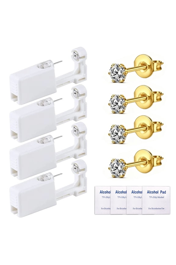 Disposable Ear Piercing Kit, 4PCS Self Ear Piercing Kit with Ear Studs for Ears, Nose and Lips, Low Pain Safety Ear Piercer Tool Set for Women Men, Generation Sterile,Gold 5mm
