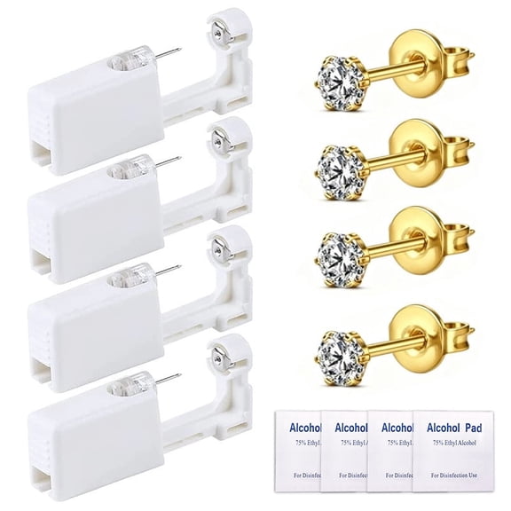 VOCOO Disposable Ear Piercing Kit, 4PCS Self Ear Piercing Kit with Ear Studs for Ears, Nose and Lips, Low Pain Safety Ear Piercer Tool Set for Women Men, Generation Sterile,Gold 5mm