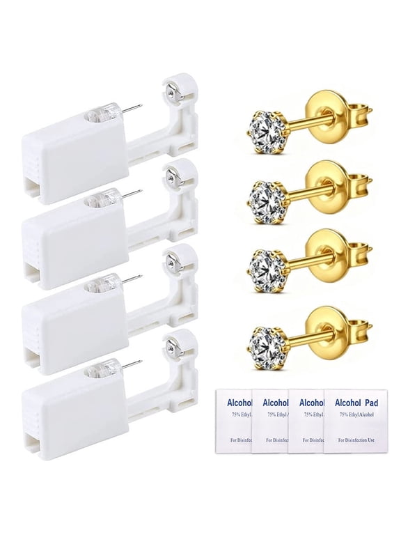 Disposable Self Ear Piercing Kit with Ear Studs, Gold, 5mm, Low Pain Sterile Safety Unisex Ear Piercer Tool Set for Ears, Nose and Lips, 4 Count