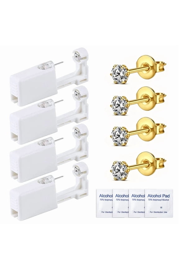 Disposable Ear Piercing Kit, 4PCS Self Ear Piercing Kit with Ear Studs for Ears, Nose and Lips, Low Pain Safety Ear Piercer Tool Set for Women Men, Generation Sterile,Gold 5mm