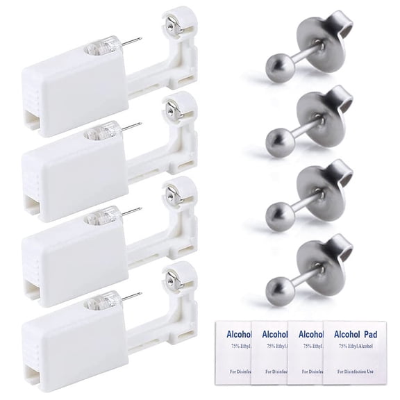 VOCOO Disposable Ear Piercing Kit, SET of 4 Self Ear Piercing Kit with Ear Studs for Ears, Nose and Lips, Generation Sterile Ear Piercer Painless at-Home Piercing Tool - Silver 5mm