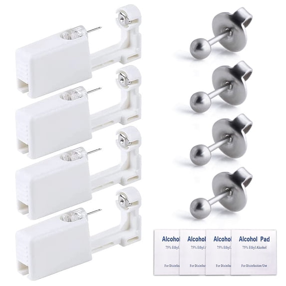 VOCOO Disposable Self Ear Piercing Kit with Ear Studs, Painless Safety Unisex Sterile Piercer Tool Set for Ears, Nose and Lips, 4 Count, Silver, 5mm