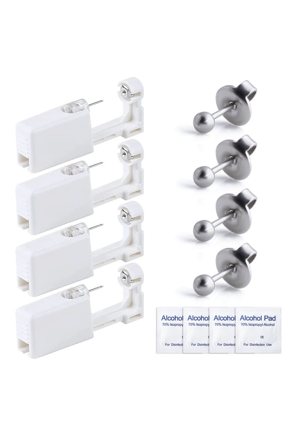 Disposable Ear Piercing Kit, SET of 4 Self Ear Piercing Kit with Ear Studs for Ears, Nose and Lips, Generation Sterile Ear Piercer Painless at-Home Piercing Tool - Silver 5mm
